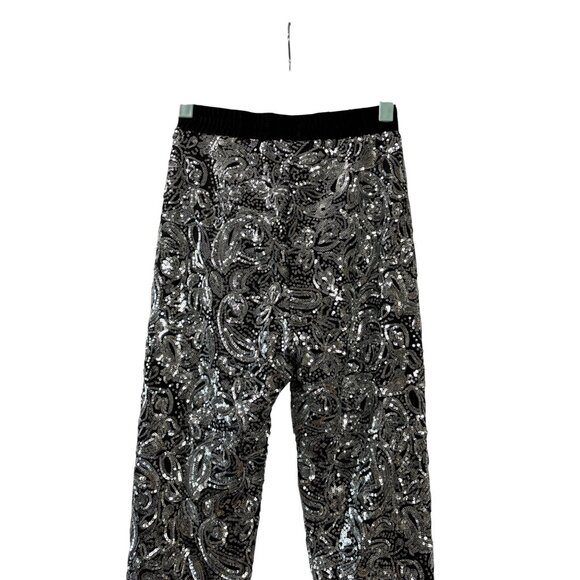 Porridge Black Silver Sequin Paisley Pattern Elastic Waist Skinny Pants XS - Picture 5 of 9